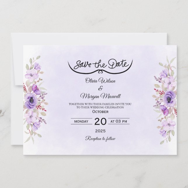 Convite Romantic Purple Floral Wedding Save the Date (Frente)
