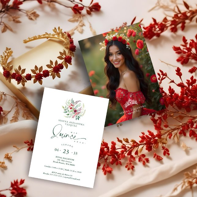 Convite Romantic Red Floral Floral Boho Quinceañera (Spanish Romantic Red Floral Floral Boho Quinceañera Invitations Cards with Back Photo & Tiara.)