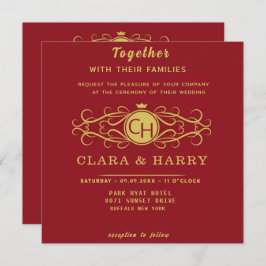 Convite Romantic red gold elegant monogramme wedding