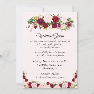 Convite Romantic Red, Pink Roses Custom Wedding Invitation