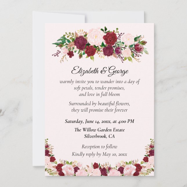 Convite Romantic Red, Pink Roses Custom Wedding Invitation (Frente)
