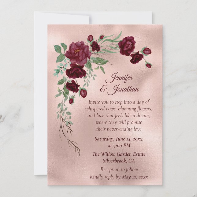 Convite Romantic Rose Gold Floral Customizable Wedding (Frente)