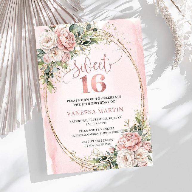 Convite Romantic Rose Gold Floral Greenery Sweet Sixteen  (Romantic Rose Gold Floral Greenery Sweet Sixteen Invitation

)
