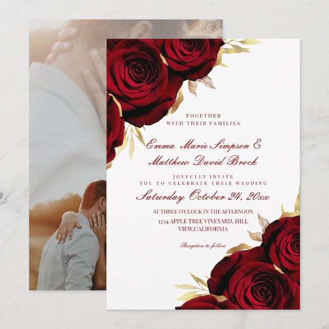 Convite Romantic Rose Gold & Red Floral Wedding  (Frente/Verso)