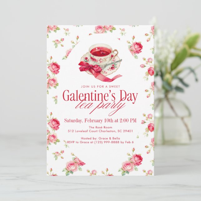 Convite Romantic Rose Tea Cup Galentine’s Day Tea Party (Em pé/Frente)