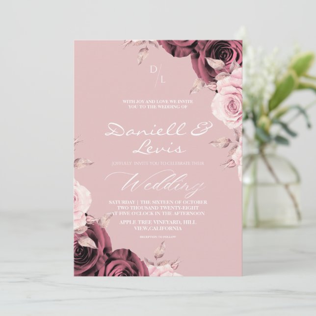 Convite Romantic Roses Dusty Pink ⎮ Mauve Wedding  (Em pé/Frente)