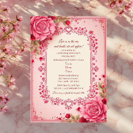Convite Romantic Roses Pink Heart Motifs Valentine Party