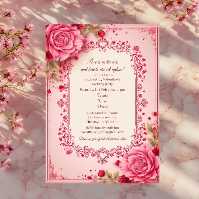 Convite Romantic Roses Pink Heart Motifs Valentine Party  (Romantic Roses Pink Heart Motifs Valentine Party Invitation)