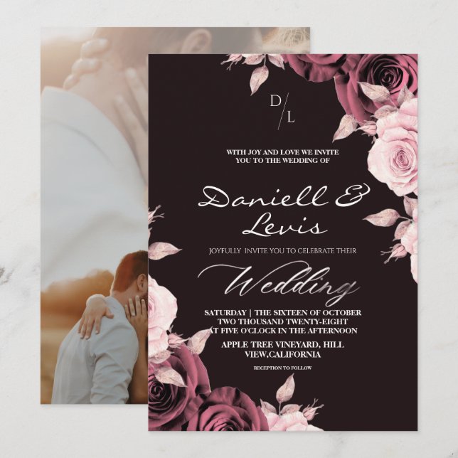 Convite Romantic Roses Pink ⎮ Mauve Wedding Photo (Frente/Verso)