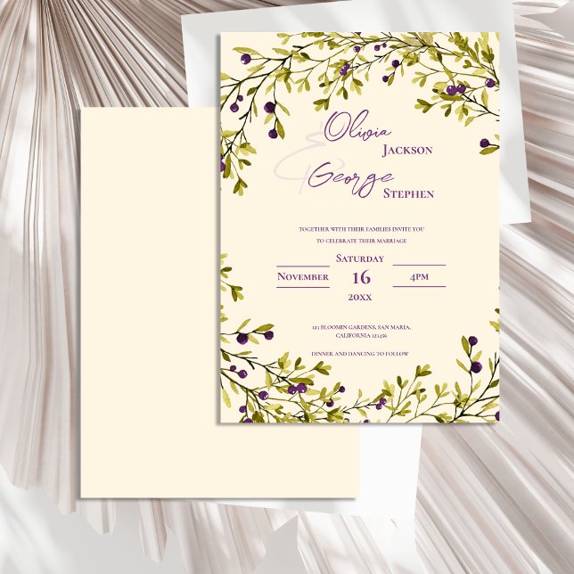 Convite Romantic Rustic Purple Berry Leaves Wedding (Romantic Rustic Purple Berry Leaves Wedding Invitation)