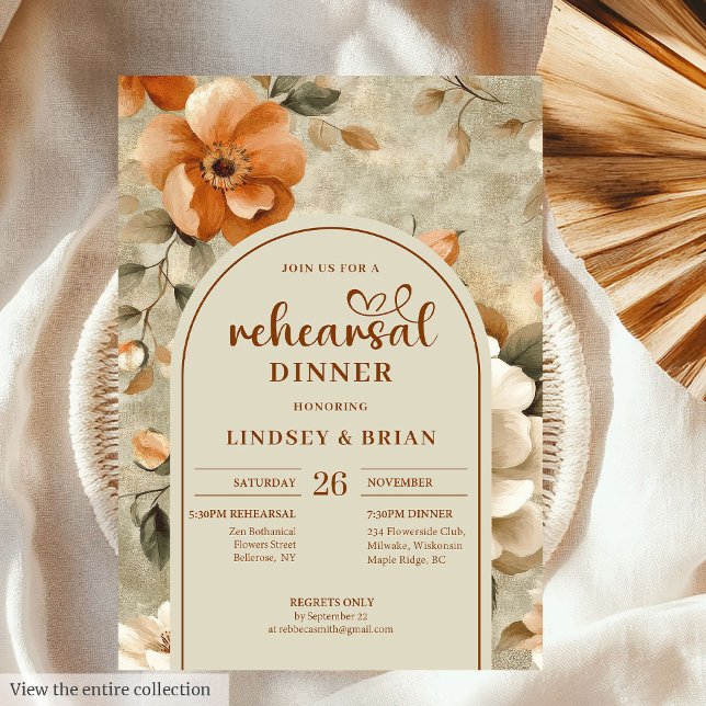 Convite Romantic Rusty Beige Olive Floral Rehearsal Invite (Romantic Rusty Beige Olive Floral Rehearsal Invitation)