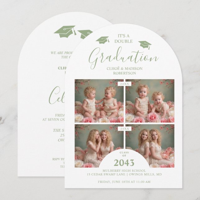 Convite Romantic Sage 4-Photo Double Twins Grads TMF26 (Frente/Verso)