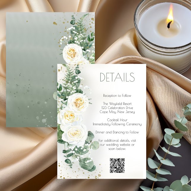 Convite Romantic Sage Green Wedding Details Card (Romantic sage green wedding details card with floral greenery design displaying reception and event )