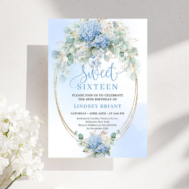 Convite Romantic Script Blue Floral Eucalyptus Sweet 16  (Romantic Script Blue Floral Eucalyptus Sweet 16 Invite)