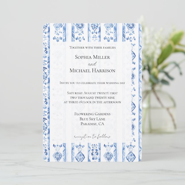 Convite Romantic Sicily Italian Rustic Blue Stripe Wedding (Em pé/Frente)
