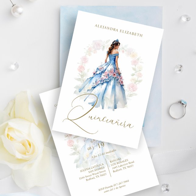 Convite Romantic Spanish Quinceañera in Blue & Pink Shades (Celebrate the sweetness and elegance of fifteen with our Blue & Pink Toned Quinceañera Invitation! )
