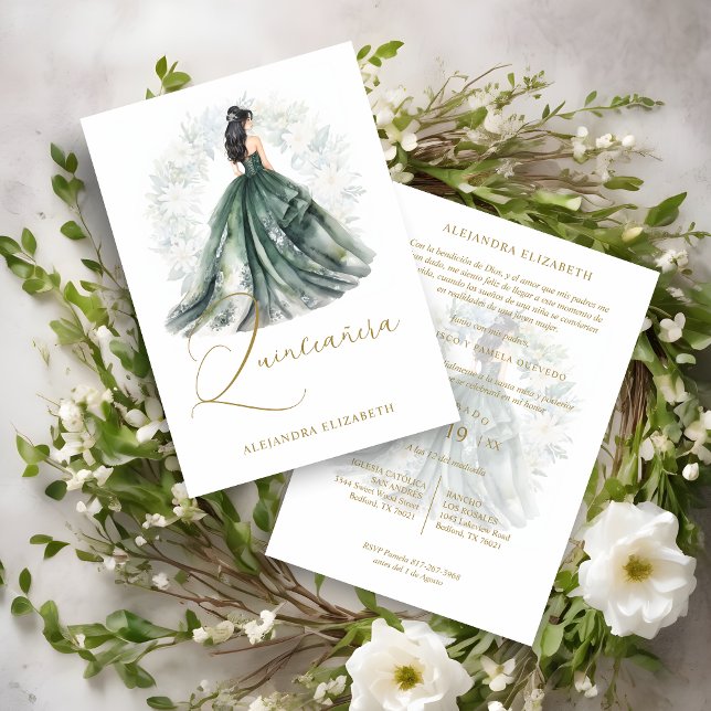 Convite Romantic Spanish Quinceañera in Green & Golden  (Romantic Spanish Quinceañera in Green & Golden Invitation)