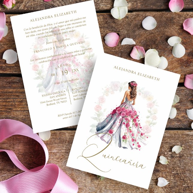 Convite Romantic Spanish Quinceañera in Pink Shades  (Romantic Spanish Quinceañera in Pink Shades Invitation Card with Envelope. )