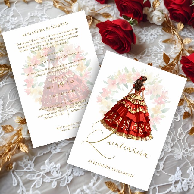 Convite Romantic Spanish Quinceañera in Red & Golden  (Romantic Spanish Quinceañera in Red & Faux Golden Shades Invitation Card with Envelope.)