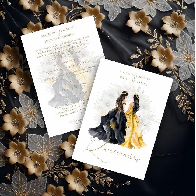 Convite Romantic Spanish Quinceañera Twins in Black Yellow (Romantic Spanish Quinceañeras Twins in Black & Yellow Shades Invitation Card with Envelope.)