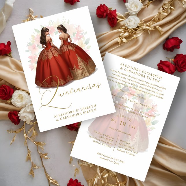 Convite Romantic Spanish Quinceañera Twins Red & Golden  (Romantic Spanish Quinceañera Twins Red & Golden Invitation.)