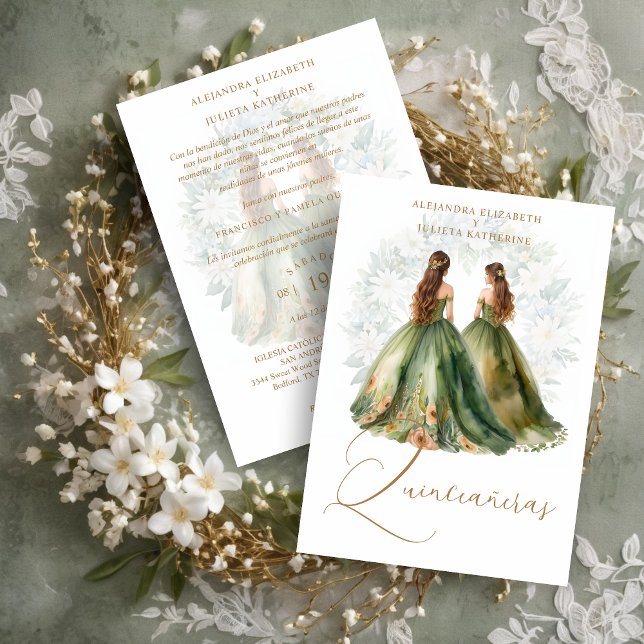 Convite Romantic Spanish Quinceañeras Twins Green Shades (Romantic Spanish Quinceañeras Twins in Green and Brown Shades Invitation Card with Envelope. )