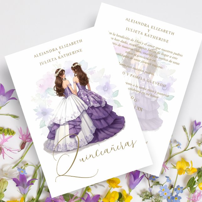 Convite Romantic Spanish Quinceañeras Twins Purple Shades (Romantic Spanish Quinceañeras Twins in Purple Shades Invitation Card with Envelope. )