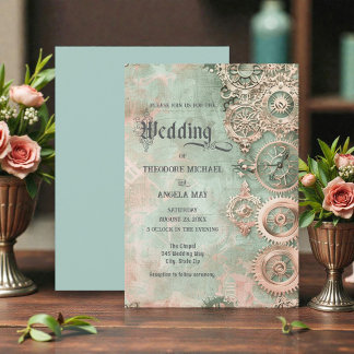 Convite Romantic Steampunk Gears Wedding Invitation