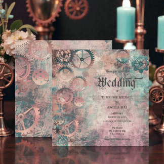 Convite Romantic Steampunk Gears Wedding Invitation