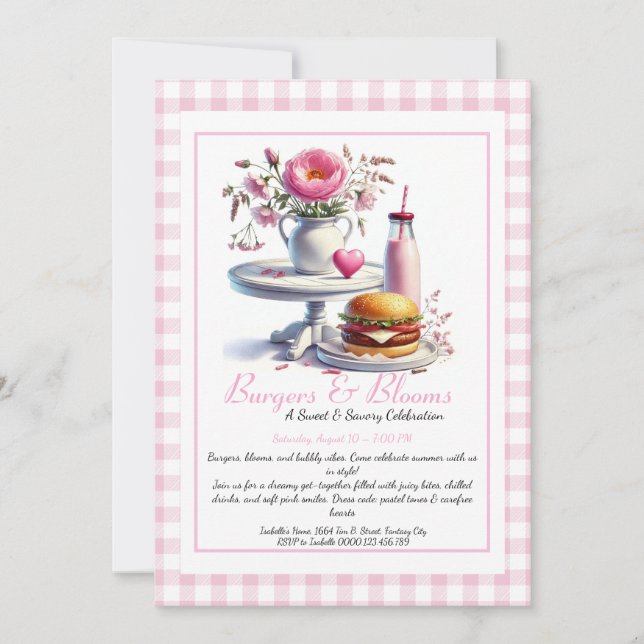 Convite Romantic Summer Party Watercolor Burger & Pink  (Frente)