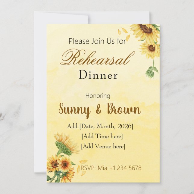 Convite Romantic Sunflower Rustic Yellow Rehearsal Dinner (Frente)
