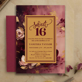 Convite Romantic Sweet Sixteen Burgundy Blush Gold Invite