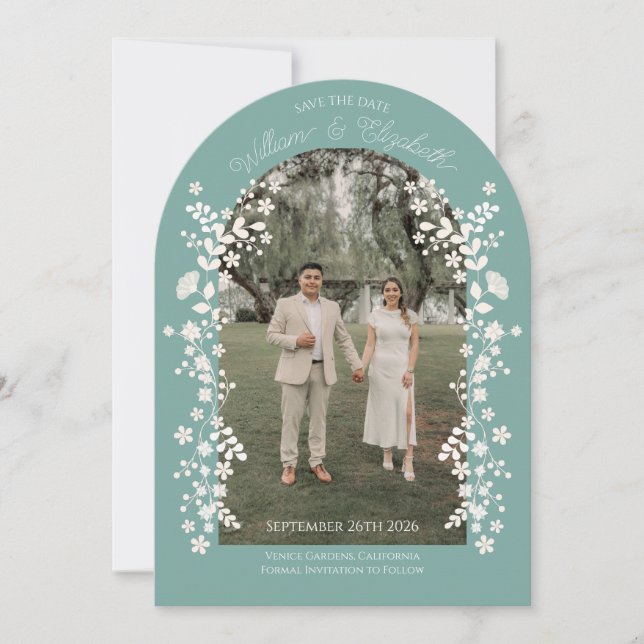 Convite Romantic Teal Eucalyptus Floral Arch Save the Date (Frente)