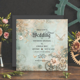 Convite Romantic Teal Steampunk Gears Wedding Invitation