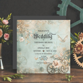 Convite Romantic Teal Steampunk Gears Wedding Invitation