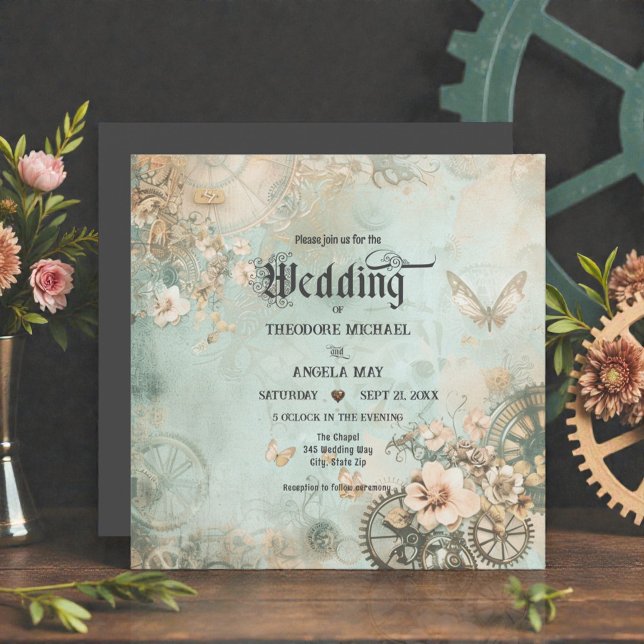 Convite Romantic Teal Steampunk Gears Wedding Invitation (Criador carregado)