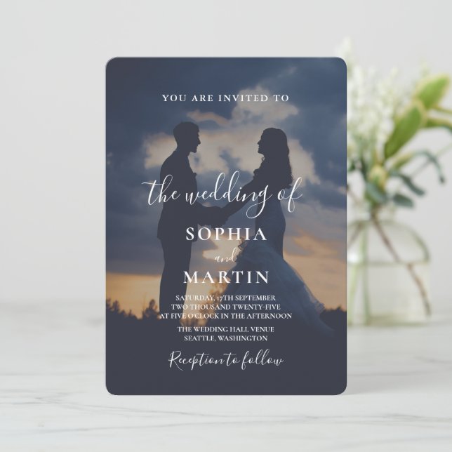 Convite Romantic Twilight Silhouette Photo Script Wedding  (Em pé/Frente)