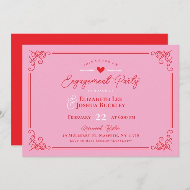 Convite Romantic Valentine's Day Engagement Party (Frente/Verso)