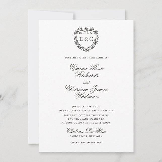 Convite Romantic Vintage Monogram Crest Wedding (Frente)
