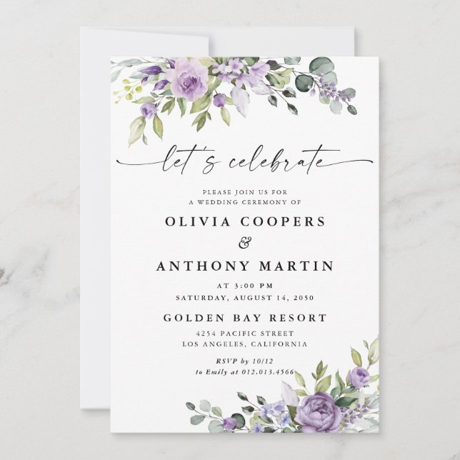 Convite Romantic Violet Flowers Wedding Invitation (Frente)