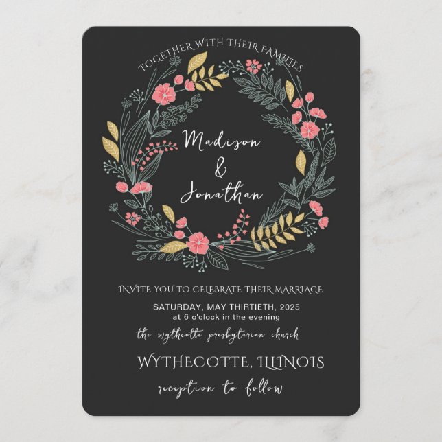 Convite Romantic Watercolor Flower Wreath Wedding (Frente)