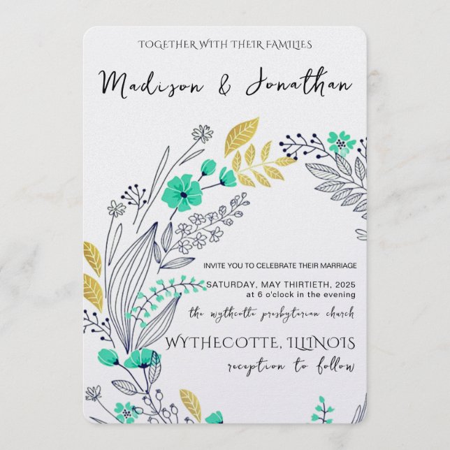 Convite Romantic Watercolor Flower Wreath Wedding (Frente)