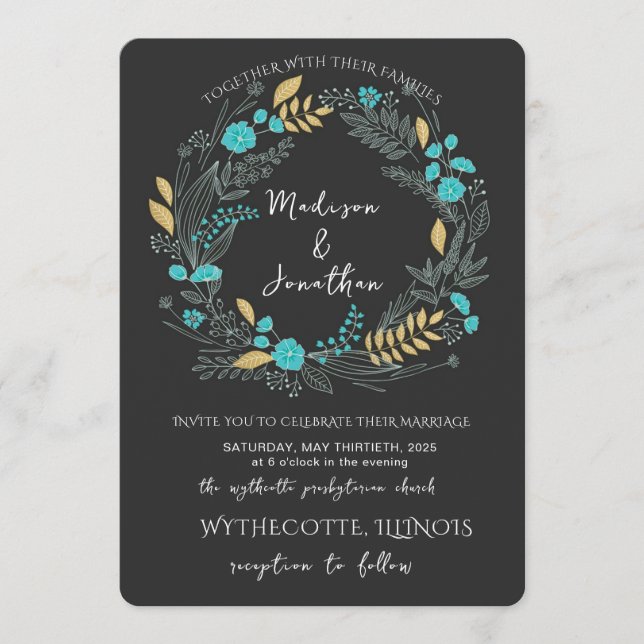 Convite Romantic Watercolor Flower Wreath Wedding (Frente)