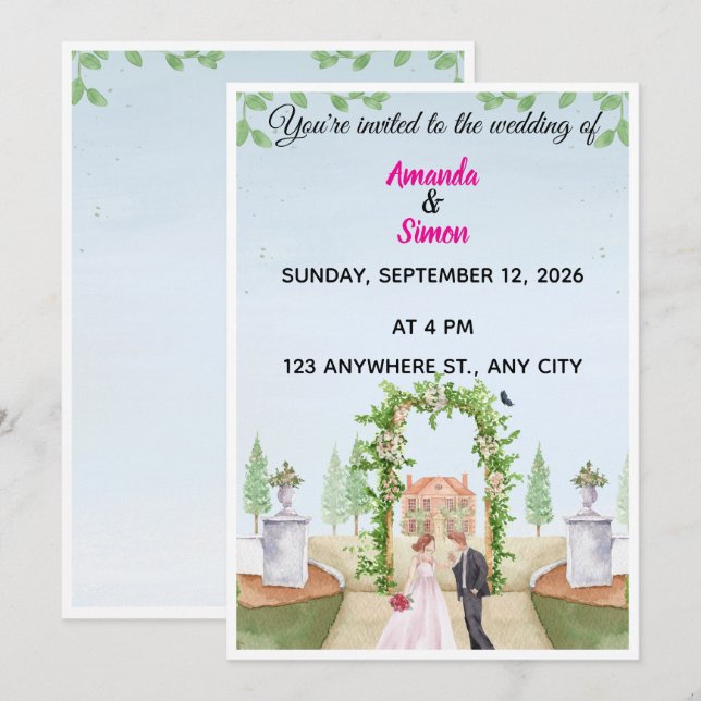 Convite Romantic Watercolor  Garden Wedding Invitation (Frente/Verso)