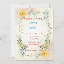 Convite Romantic Watercolor Pink & Yellow Flower Wedding 