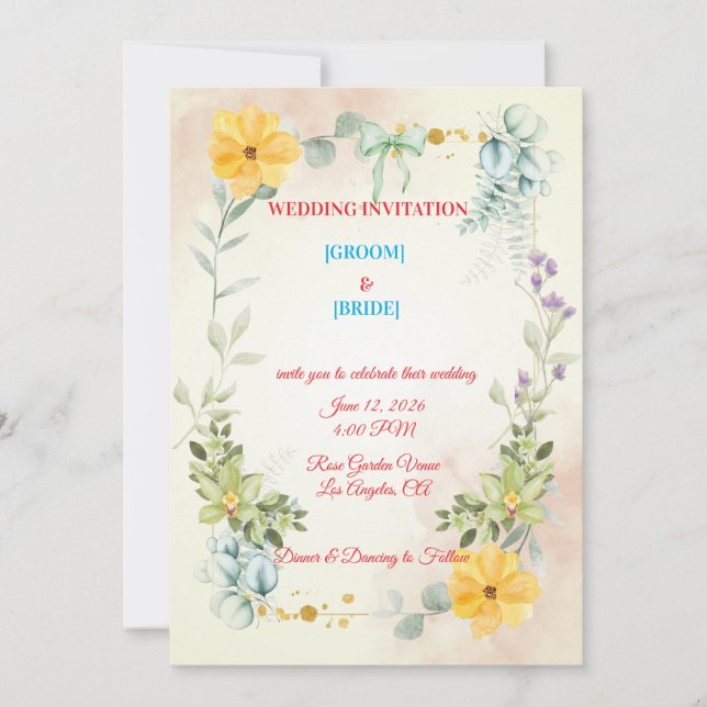Convite Romantic Watercolor Pink & Yellow Flower Wedding  (Frente)