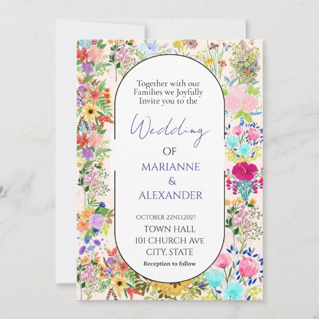 Convite Romantic Watercolor Wildflower Wedding (Frente)