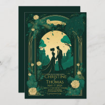 Romantic wedding invitation Emerald Green and Gold