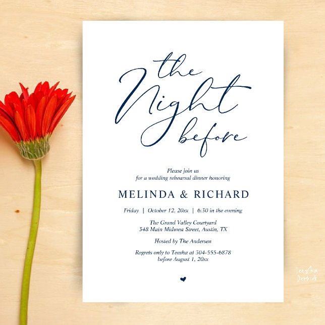 Convite Romantic Wedding Rehearsal Dinner The Night Before (Modern Romantic Wedding Rehearsal Dinner The Night Before Forever Invites Card in Navy Blue)
