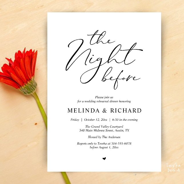 Convite Romantic Wedding Rehearsal Dinner The Night Before (Modern Romantic Wedding Rehearsal Dinner The Night Before Invitation Card in Black and White)